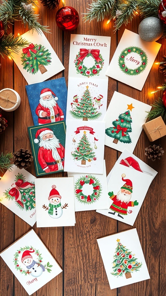 A variety of illustrated Christmas cards showcasing festive designs on a wooden table with holiday decorations.